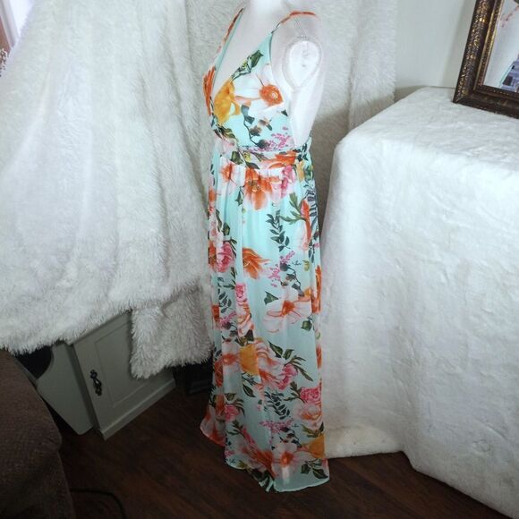 REVAMPED TURQUOISE/MINT FLORAL PLUNGE NECK MAXI DRESS SZ.S NWT - Picture 5 of 10